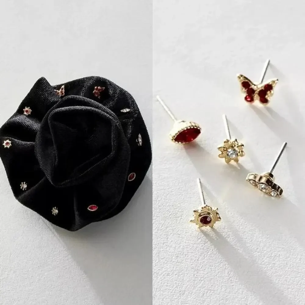 Free People Rosette Stud Pack Velvet Rose Brooch Earrings Set